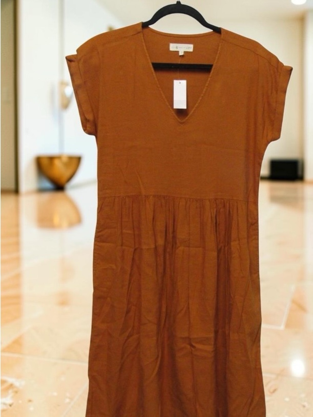 NWT Lou & Grey for LOFT Linen Blend V Neck Midi Dress Rust Brown